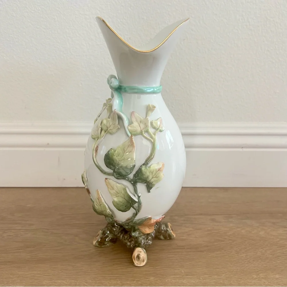Vintage Vista Alegre Porcelain Vases V.A. Portugal Ivy And Blue Ribbon 12” AS IS